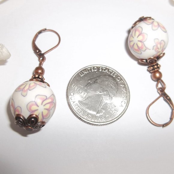 Cream and Copper Earrings Flower Boho Style Dangle Gift Idea for Her Big 6706 - Picture 3 of 6